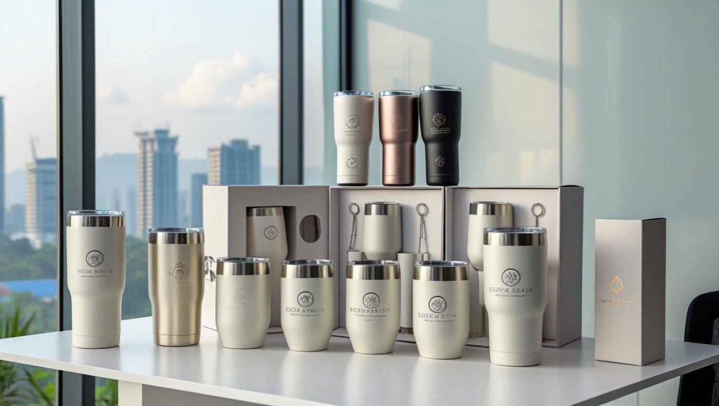 A premium product showcase of exclusive custom tumblers designed for institutional and corporate events. The image should include multiple types of tumblers (stainless steel, engraved, with printed logos) arranged elegantly on a wooden table. Include gift set boxes, custom packaging, and other merchandise like mugs or branded umbrellas nearby. The background is a clean, minimalist office with warm lighting, evoking a creative workspace in Yogyakarta, Indonesia. Branding elements (logos on tumblers and boxes) should be subtle but visible. Style should reflect exclusivity, quality, and professionalism.