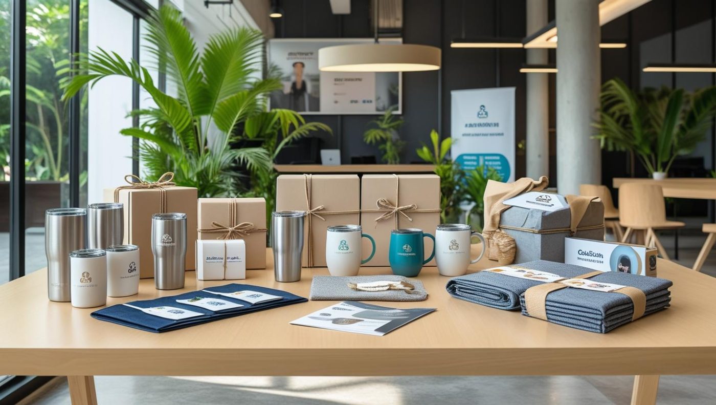 A realistic promotional setup showcasing custom company merchandise on a clean table. Includes stainless steel tumblers with engraved company logos, gift set boxes, custom mugs, promotional umbrellas, and seminar kits neatly arranged. The background features a modern workspace in Yogyakarta with natural lighting, indoor plants, and branding materials. Ideal for marketing use on a vendor website targeting corporate clients and event organizers.